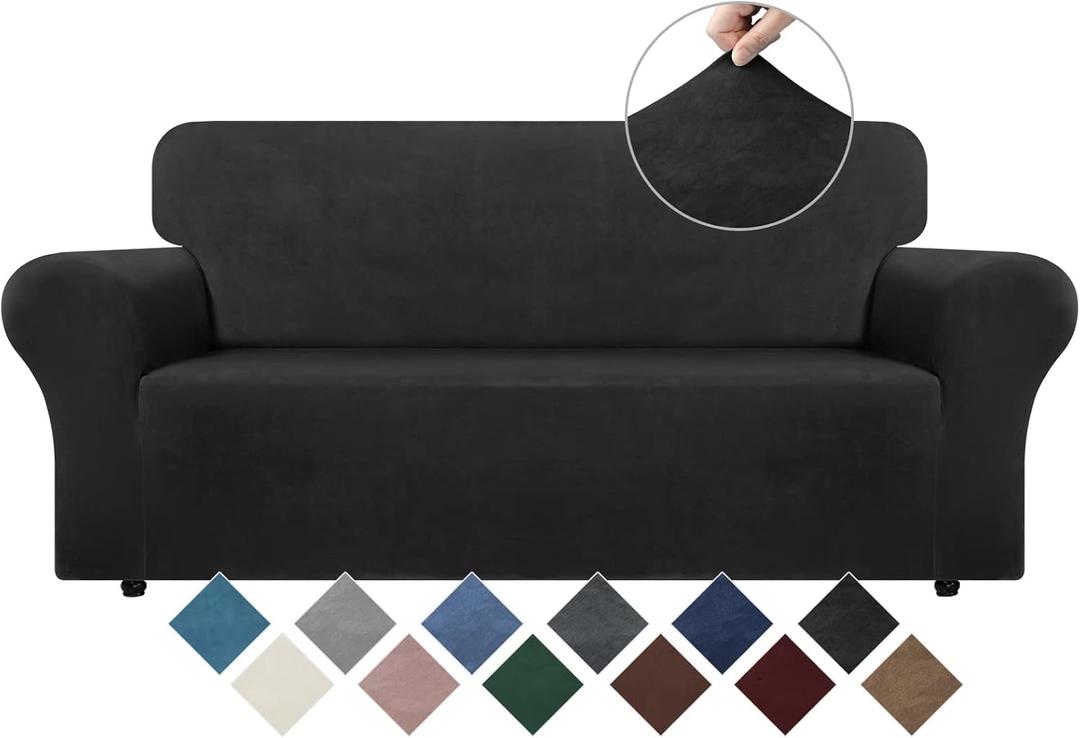 WEERRW Velvet Couch Cover - High Stretch Sofa Slipcovers with Non Skid Foam and Elastic Bottom, Furniture Protector for Pets, Crafted from Soft Plush Fabric, Black, Medium
