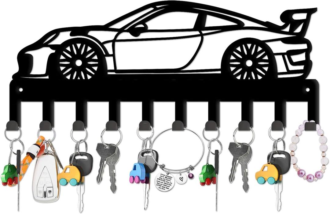 SUPERDANT Car Metal Key Hook Vintage Race Car Decorative 10 Hooks Black Key Holder Organizer Wall Hanging Hooks Personalized Hanger Dog Leash Hanger for Home Kitchen Entryway Wall Front Door