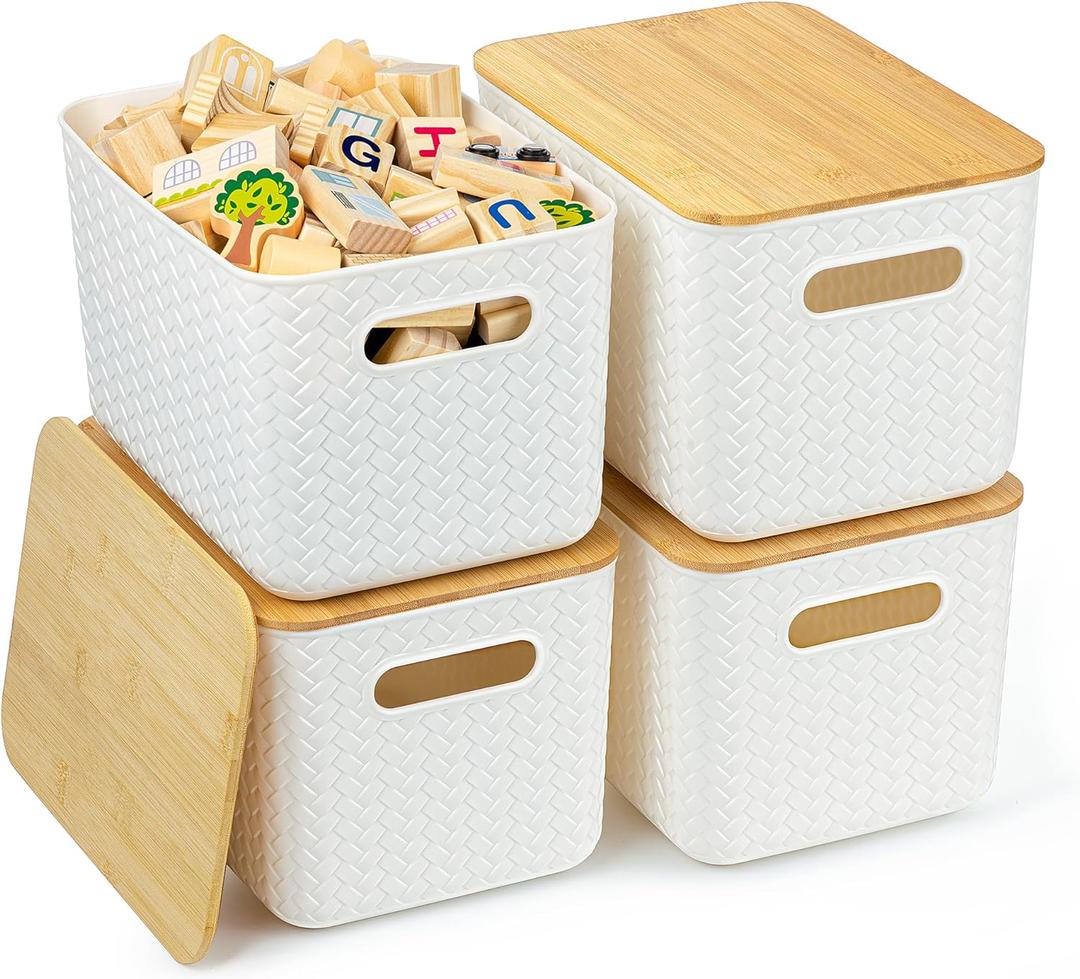 4 Packs Storage Bins with Bamboo Lids - Plastic Storage Containers with Lids Stackable Storage BoxStorages Baskets for Organizing Desktop Closet Playroom Classroom Office,White