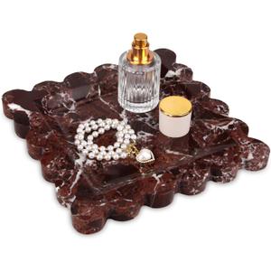 Square Marble Decorative Tray with Scalloped Edge,Luxury Natural Stone Bathroom Vanity Tray, Dresser Top Perfume Coffee Home Kitchen Sink Tray, Key Trinket Ring (Rosso Lepanto, 8 * 8)