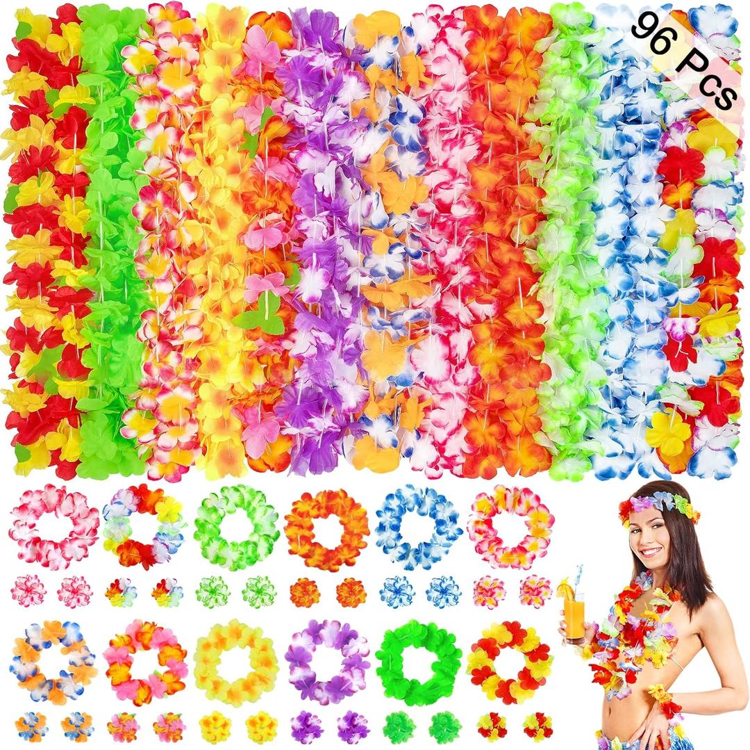 96 Pcs Hawaiian Leis for Luau Party Decorations, Tropical Themed Silk Hawaiian Flowers Leis Bulk Necklace Headband Wristband for Summer Beach Birthday Vacation Hula Dance Party Favors Supplies Decor