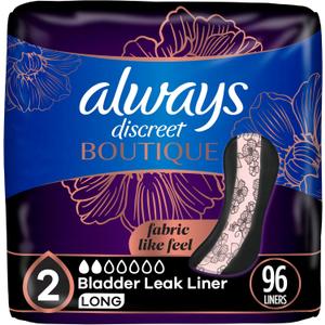 Always Discreet Boutique Incontinence Panty Liners for Bladder Leaks, Size 2, Very Light Absorbency, Long Length, 96 Count (3 Packs of 32)