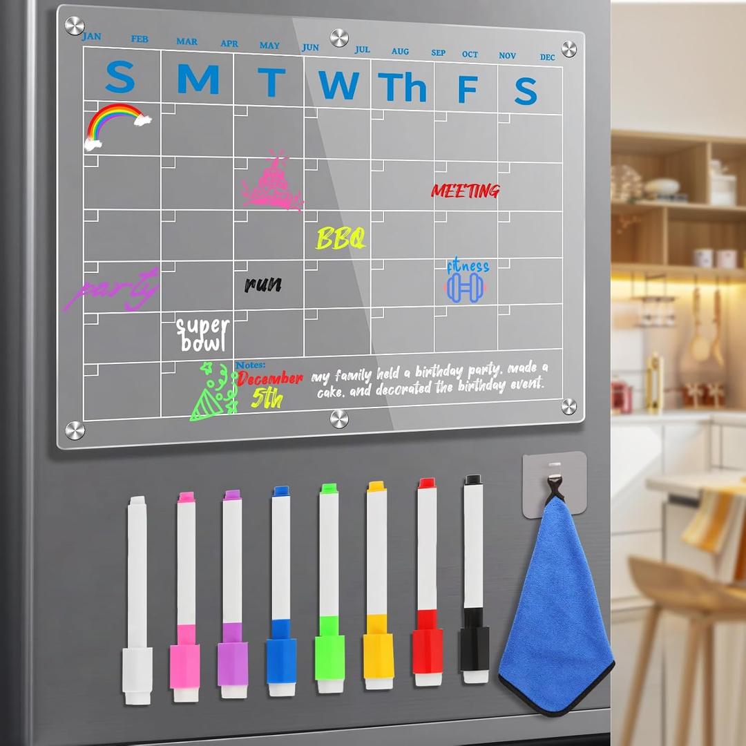 Colored Reusable Fridge Calendar 15"x11", Magnetic Calendar for Refrigerator, Acrylic Whiteboard Calender Dry Erase, workable on Dark and Light Background. 8 Markers and erasers(Blue).