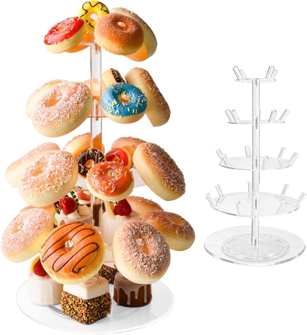 4 Tier Rotatable Donut Stand with 22 Pegs, Acrylic Dessert Table Display for Doughnuts, Bagels, Cupcakes, Donut Tower Stand for Birthday Wedding Party Baby Shower Christmas 9.84 x 16.93in