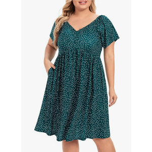 BEDOAR Women's Plus Size V Neck Midi Dresses Casual Pleated Flowy Swing Soft Short Sleeve Dresses for Party Size 16