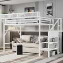 KEIKI Twin XL Size Metal Loft Bed Frame with Convertible Staircase, Built-in Storage Shelves & Wardrobe, Loft Bed with Solid Slat & Guardrail, No Box Spring Required, Easy Assembly, for Bedroom, White