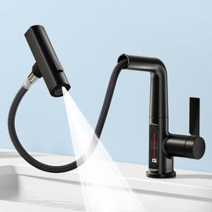 SINGSUO Bathroom Sink Faucet 1 Hole with Temperature Display, Single Hole Rotatable Bathroom Faucet with Pull Out Sprayer, Modern Pull Down Faucet with 360Swivel Spout, 3 Spray Modes (Black)