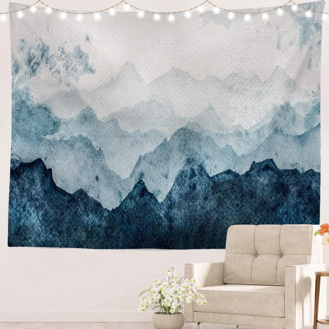 Batmerry Navy Blue Watercolor Mountains Tapestry, Sky Wall Art Hanging Decoration Polyester Fiber White Ruffled Around for Dorm Room Bedroom Living Room, 39.1x59.1 inches