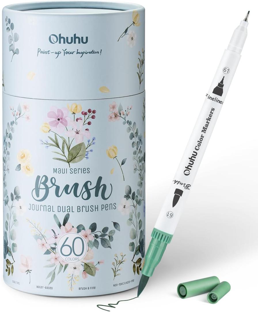 Ohuhu Markers for Adult Coloring Books No Bleeding 60 Colors Coloring Markers Water-based Dual Tips Fineliner & Brush Drawing Pens Art Pens for Kids Adults Sketch Journal - Maui - White