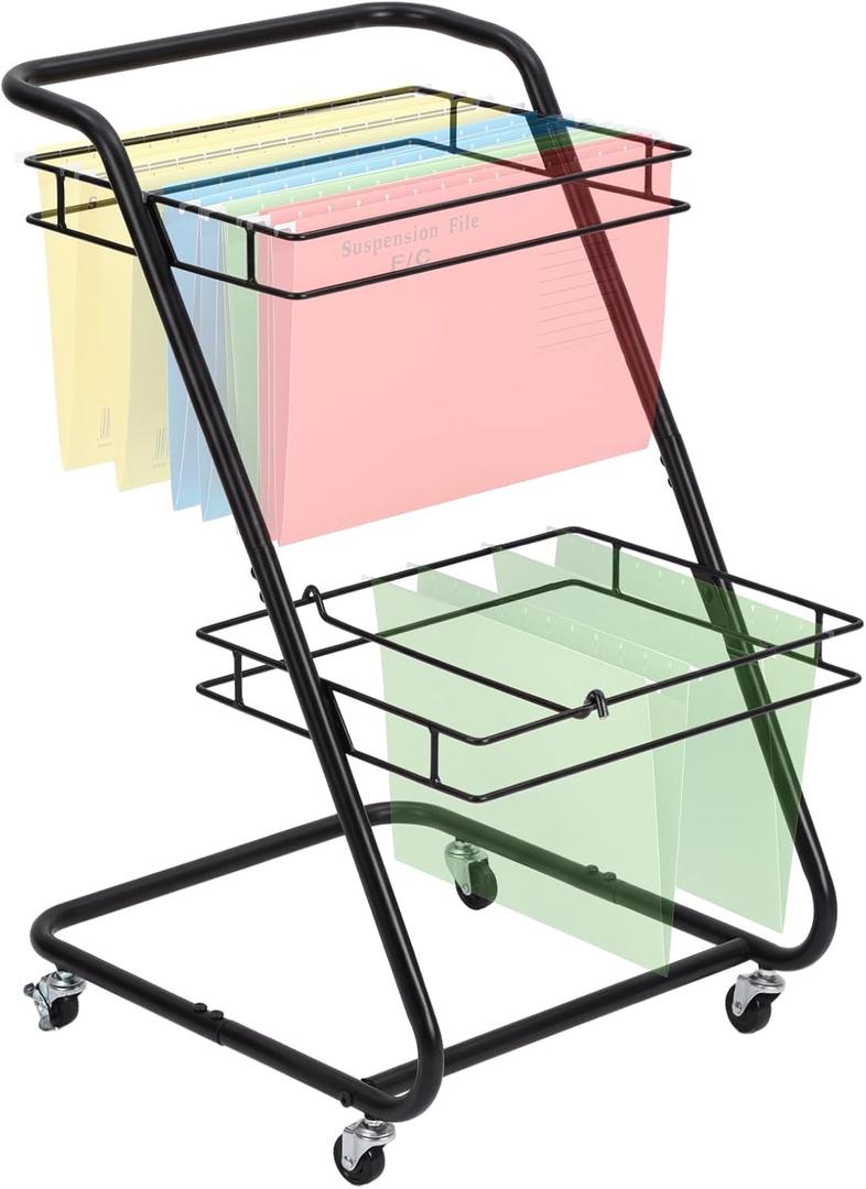 Novabright 2 Tiers Rolling Hanging File Cart Cabinet with Locked Wheels Handle Mobile File Storage Cart Metal Paper Letter Legal Size Folder Organizer Adjustable Rolling for Office Home School