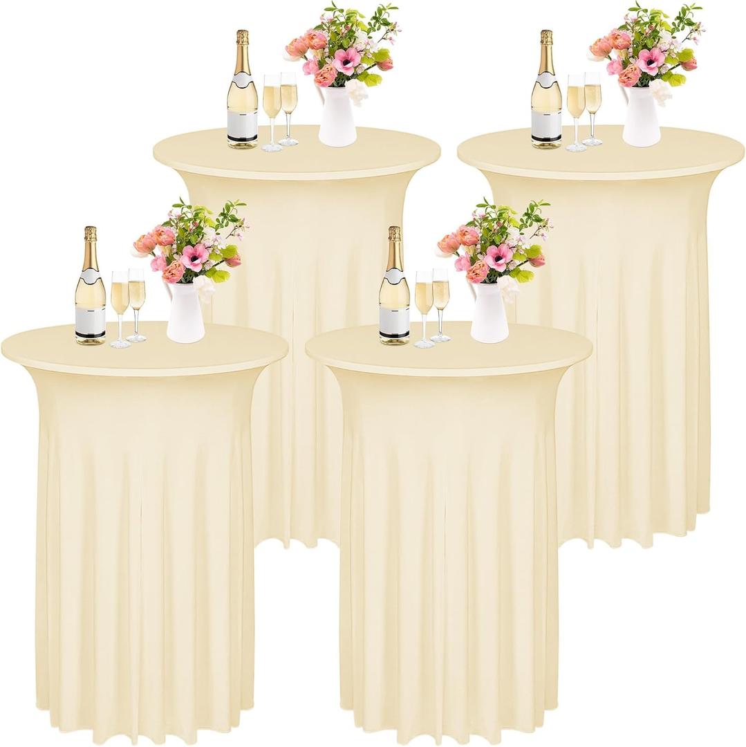 Kochorie 4 Pieces Cocktail Table Skirt Round Cocktail Table Covers 32 x 43 Inch Spandex Stretch High Top Table Cloth for Wedding Table Bar Banquet Party Supplies (Champagne)