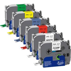 Labelwell 6-Pack TZ 18mm 0.7 Inch Laminated Multi Color Compatible for P Touch Label Tape TZe-141 241 441 541 641 741 for Ptouch PT-D400 PTD410 D610BT D600, Clear/ White/ Red/ Blue/ Yellow/ Green