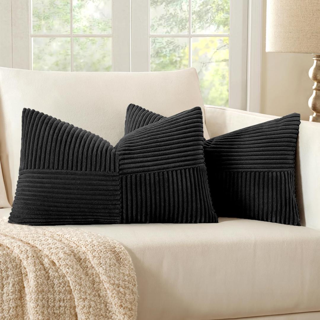 MIULEE Black Decorative Lumbar Throw Pillow Covers 12x20 Inch for Couch Bed Sofa Pack of 2 Boho Farmhouse Throw Pillows Soft Cross Corduroy Patchwork Textured Cushion Cases