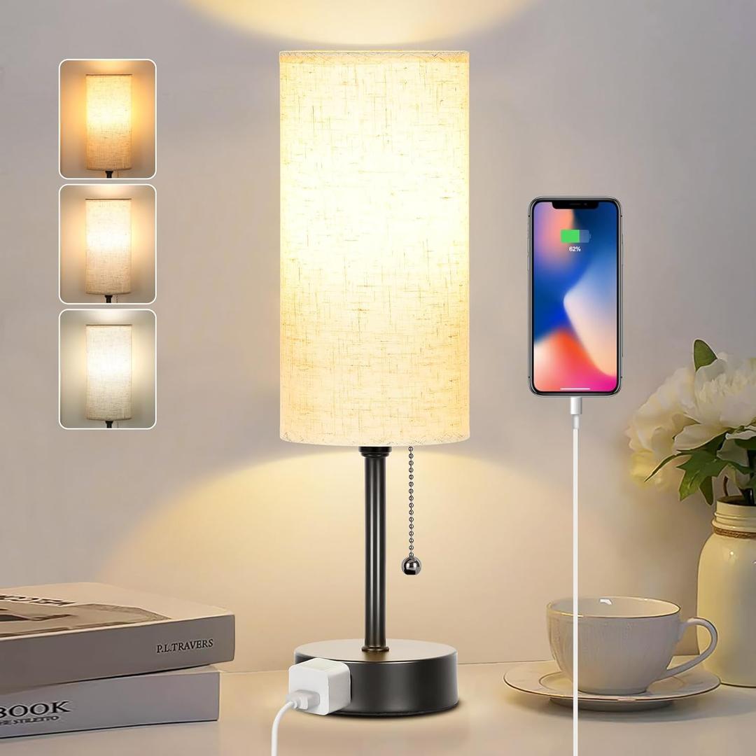 Bedside Table Lamp for Bedroom, 3-Color Small Lamps with Pull Chain, Bedroom Table Lamps for Night stands,Desk Reading Light AC Outlet Nightstand Lamp for Living Room Decor/Dorm/Office Bulb Included, 15in - Black