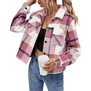 Binshre Womens Cropped Plaid Shacket Flannel Long Sleeve Button Down Jackets Coat for Women S