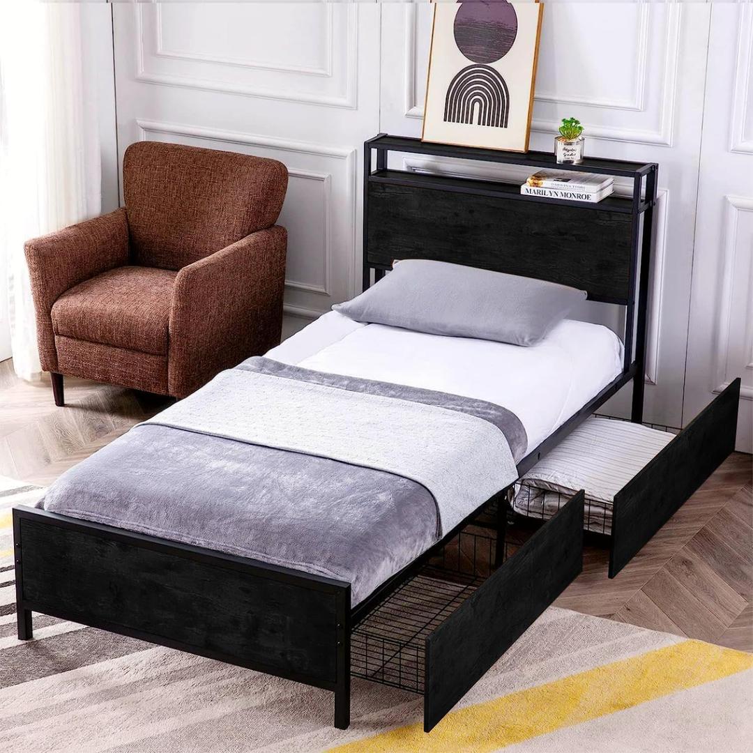 GAZHOME Twin Size Bed Frame with 2 Storage Drawers, Platform Bedframe with Storage Headboard, Strong Metal Slat Support/No Box Spring Needed/Easy Assembly/Space Saving,Black