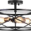 3-Light Semi Flush Mount Ceiling Light, 14-inch Industrial Modern Farmhouse Lighting Fixture with Metal Cage, Oil Rubbed Bronze Finish Ceiling Lamp for Kitchen Hallway Bedroom Living Room