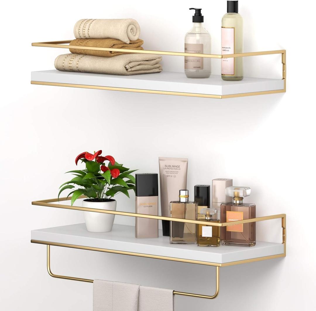 Shario White Floating Shelves - Set of 2, Wall Mounted Hanging Shelves with Golden Towel Rack, Decorative Storage Shelves for Bathroom, Kitchen, Living Room & Bedroom (White Gold, 15.7 Inches) | Hanging Shelves, for Bathroom, Kitchen, Living Room, Bedroom 