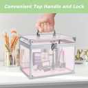 Crown Box, Clear Cosmetic Case, Acrylic Artists Display Case, Toiletry Train Case with Latches & Handle Large Capacity Acrylic Travel Makeup Tools Box for Vanity Dresser Bathroom Counter (Silver-Pink)