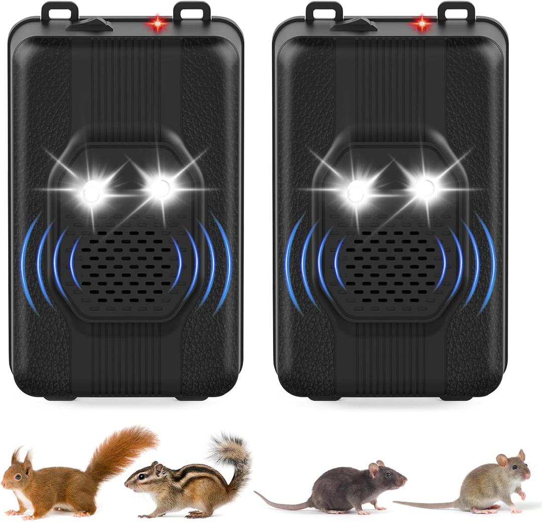 2 Pack Upgraded Mouse Repellent Plug in with Strobe Light Ultrasonic Control for Rodent,Keep Rodents Out of Car,Battery Operated Rodent Repellent for Car Engine RV Garage Attic,Indoor and Outdoor Use, Black 