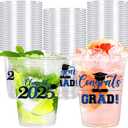 Whaline 50Pcs 12oz Graduation Disposable Cup Class of 2025 Plastic Party Cup Black Blue Congrats Grad Clear Glasses for Drink Party Tableware Decor Supplies