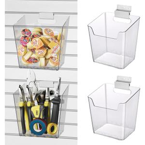 Clear Slatwall Bins, 4 Pack Slat Wall Accessories Cups Hooks Assemble Set Fit Most Slat Board Storage Systems Transparent Display Hanging Holder Organizers for Garage Shed Office Craft Tool (Large)