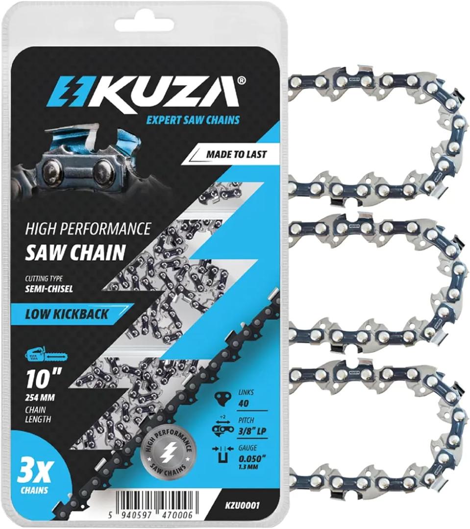 Premium 10 Inch Chainsaw Chain 3/8" LP Pitch, 050" Gauge, 40 Drive Links, German Steel, fits MAKITA, ECHO, Remington RM1035P, Worx WG309, Sun Joe SWJ803E, Craftsman - and more - S40 (3 Chains)