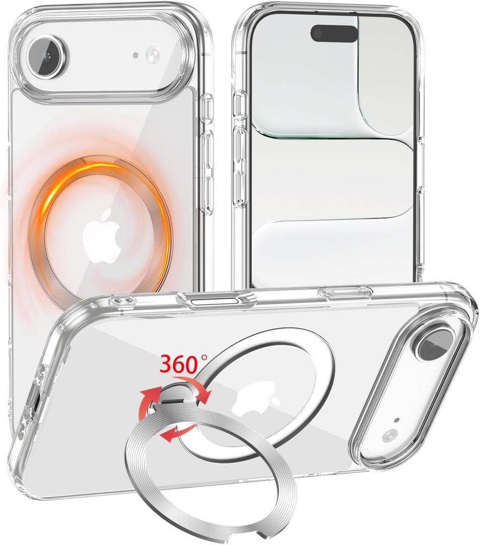 for iPhone Air Case Clear with 360Spin Magnetic Stand, Compatible with MagSafe, Military-Grade Slim Protective Cover Kickstand & Ring Holder,17 air Transparent 6.5"