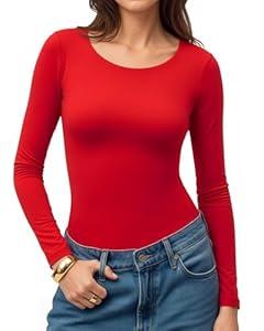 MANGOPOP Womens Tops Long Sleeve Crew Neck t Shirts Double Lined Slim Fitted Lined Tight Basic Tee Shirt (Large, Red)