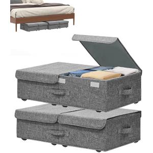 Under Bed Storage Container with Wheels, 2 Pack 5.5" High Deep Underbed Rolling Box Storage Bins Drawers with Lids for Bedroom, Dorms, Clothes, Shoes, Blankets, No Assemble Required, Gray (5.5 inch Height)