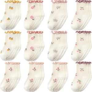 Baby Toddler Girls Socks Grip Ruffle Non Slip Girls Cotton 12 Pack Socks for Kids Cute Ankle 6M-7Years (Flower Frilly1) 1-3T