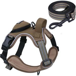 No Pull Dog Harness for Medium Dogs, Adjustable No Choke Pet Vest with Dog Leash Fit Smart Reflective Pet Walking Harness for Training Easy Control Soft Handle Brown Medi