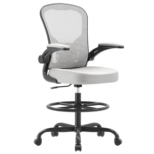 Drafting Chair, Tall Office Chair with 3D Lumbar & Head Support, Ergonomic Mesh Standing Desk Chair with Footring, Comfy Extended High Desk Chair with Flip-Up Arms & Hanger,Gray