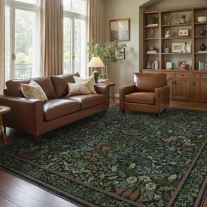 Bavni Floral Dark Green Area Rugs 8x10, Vintage Boho Carpet Machine Washable, Non Slip Soft Low Pile Thin Rug for Bedroom, Living Room, Dining Room, Nursery