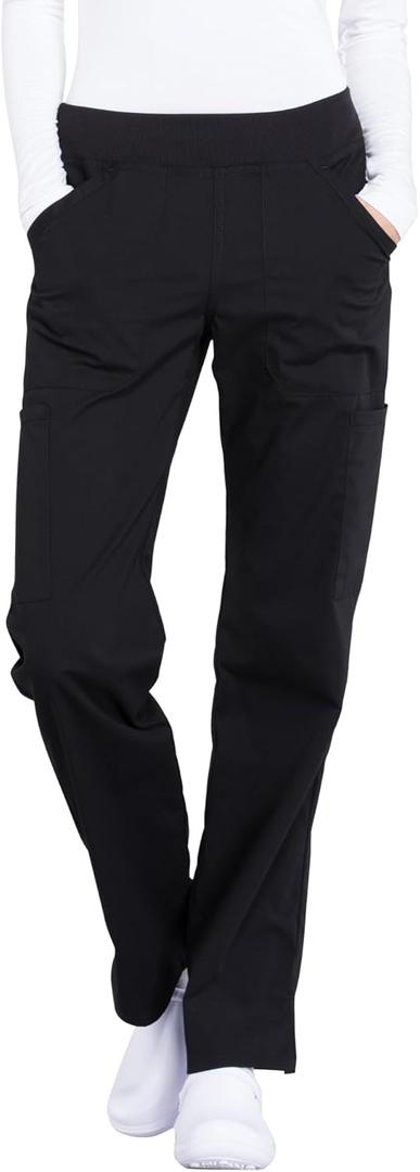 Cherokee Women's Scrub Pants Mid Rise Straight Leg Pull-on Cargo Pant with 6 Pockets & 2-Way Stretch Fabric - WW170 (X-Small Tall, Black)