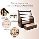 Earring Organizer Stand with Drawer & Necklace Holder - 4-Tier Solid Wood Jewelry Display, 64 Holes, 63 Grooves + Ring & Bracelet Space,Anti-Wobble for Vanity Dresser,Women Gift (Chocolate Brown)