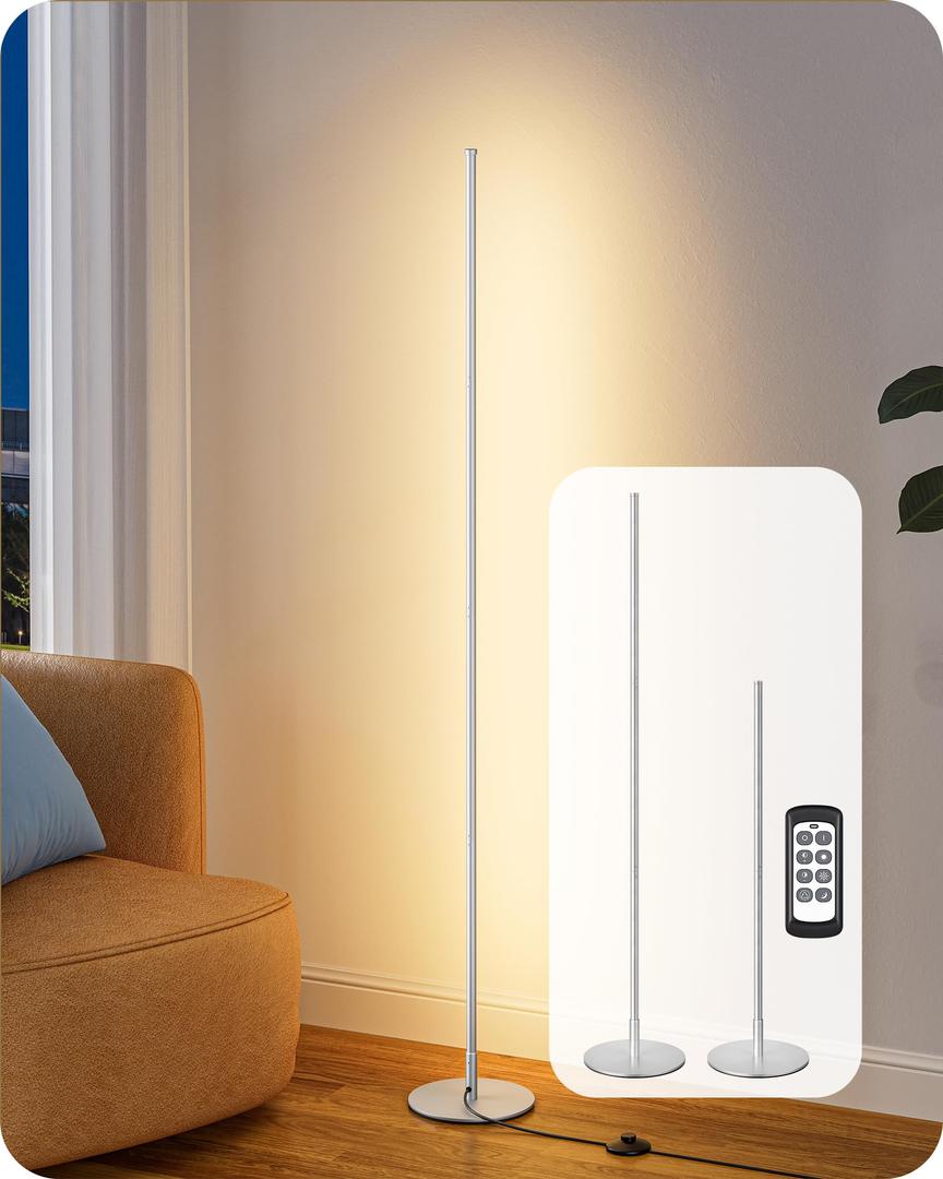 Corner Lamp with Remote & 2 Height Settings, Dimmable & 3CCT | Adjustable Color Temperature, Foot Switch, Metal Base, Slim Floor Lamps for Living Room, Bedroom, Study, Silver