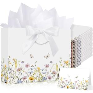 Maitys 12 Sets 13" Large Wildflower Gift Bag Spring Butterfly Floral Gift Bags with Tissue Papers, Ribbons and Greeting Cards for Mothers Day Wedding Bridal Shower Birthday Tea Party Supplies (Colorful)