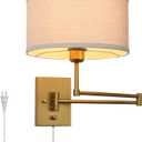 Vintage Fabric Plug-in Cord Wall Sconce, Indoor Swing Arm Wall Mounted Lamp with On/Off Switch, Antique Brass Linen Textile Sconce Wall Lighting Reading Light Fixture for Living Room