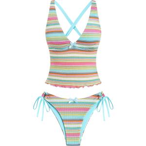 ZAFUL Women's Tankini Set V Neck Tummy Control Floral Printed Tie Side Thong Bikini Swimsuits 2 Piece Bathing Suits, L
