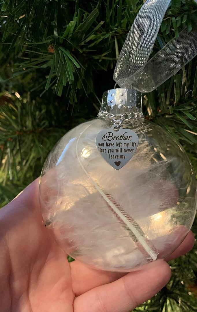Brother Memorial Glass Christmas Ornament  Brother, You Have Left My Life But You Will Never Leave My Heart  White Feather Keepsake Ornament  Sympathy Bereavement Gift