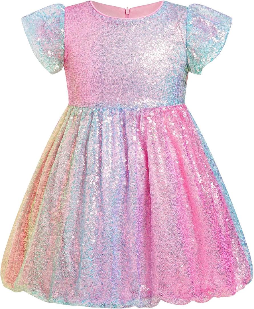 IBTOM CASTLE Toddler Baby Girl Sequin Dress Ruffle Sleeve Gradient Rainbow Sparkle Birthday Dress Summer Fancy Party Dress (5-6 Years, Pink)