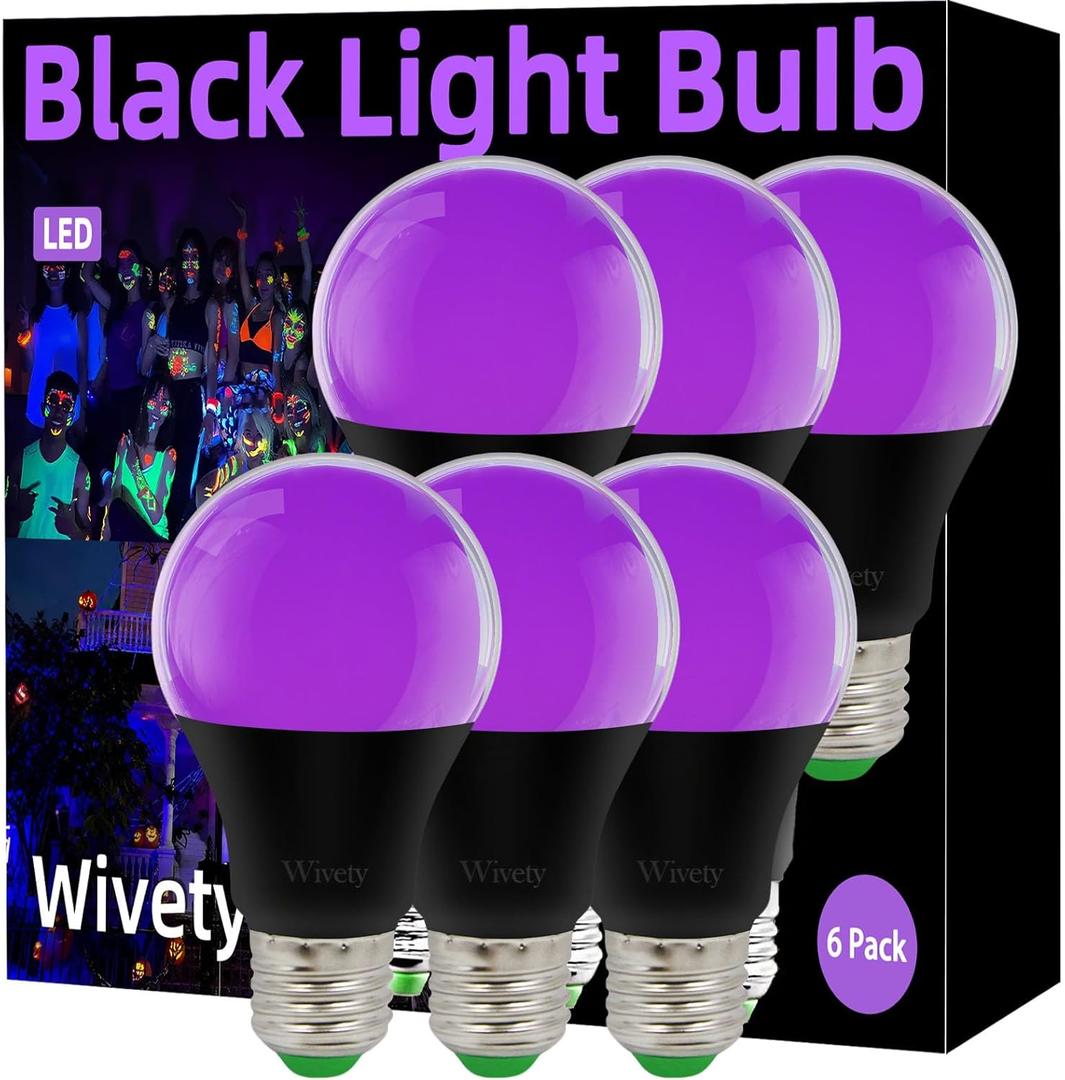 Wivety Black Light Bulb, A19 E26 Base, 9W LED Black Light Bulbs for Outdoor Porch, Indoor Party Decoration, Holiday Lighting, Halloween Light Bulbs, Christmas Decoration(6 Packs)