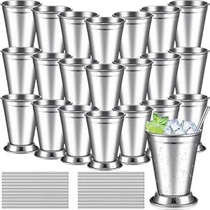 Ziliny 24 Pack Mint Julep Cups with Straws 12 oz Stainless Steel Drinking Metal Cocktail Glasses Beaded Mint Julep Cup for Horse Racing Derby Party Supplies (Silver)