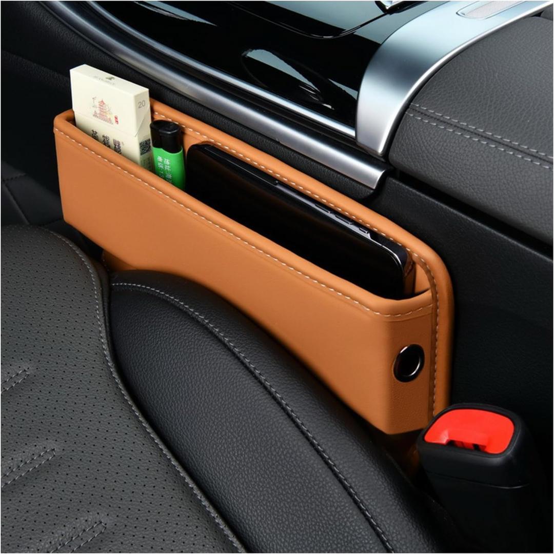 Ziciner Car Seat Gap Organizer, Premium Leather Auto Seat Storage Box, Vehicle Adjustable Front Seat Gap Filler, Car Seat Side Pocket Organizer for Phones, Glasses, Keys, Money, Cards (Khaki)