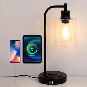 Touch Control Table Lamp with Dual USB A+C Charging Ports, Fabric Shade & Metal Base, Bedside Lamp for Bedroom, Office, Study Room (Glass)
