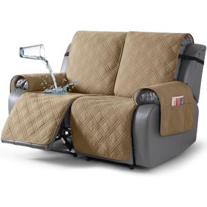 TAOCOCO 100% Waterproof Loveseat Recliner Covers 2 Seater, Split Loveseat Covers for Reclining loveseat, Non Slip Reclining Couch Cover with Double Straps for Kids, Pets(2 Seater, Camel)