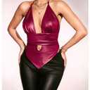 SOLY HUX Women's Deep V Neck Cut Out Halter Top Tie Backless Asymmetrical Hem Summer Tops Solid Burgundy Large (Red)