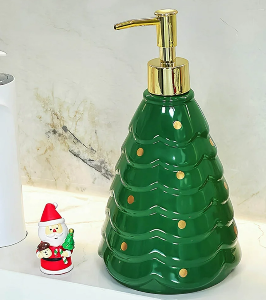 Simple Pleasures Dark Green Christmas Tree Holiday Peppermint Scented Decorative Refillable Soap Dispenser for Kitchen Countertops and Bathroom Sinks