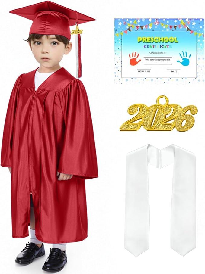 Shiny Kids Graduation Cap and Gown Set with 2026 Tassel Plus White Stole Certificate for Kindergarten Preschool 27